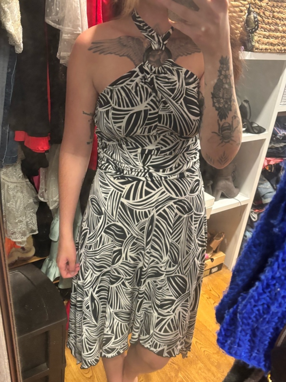 En Focus Studio Women’s Y2K Midi Black  White Halter Tropical Print Dress Size 8